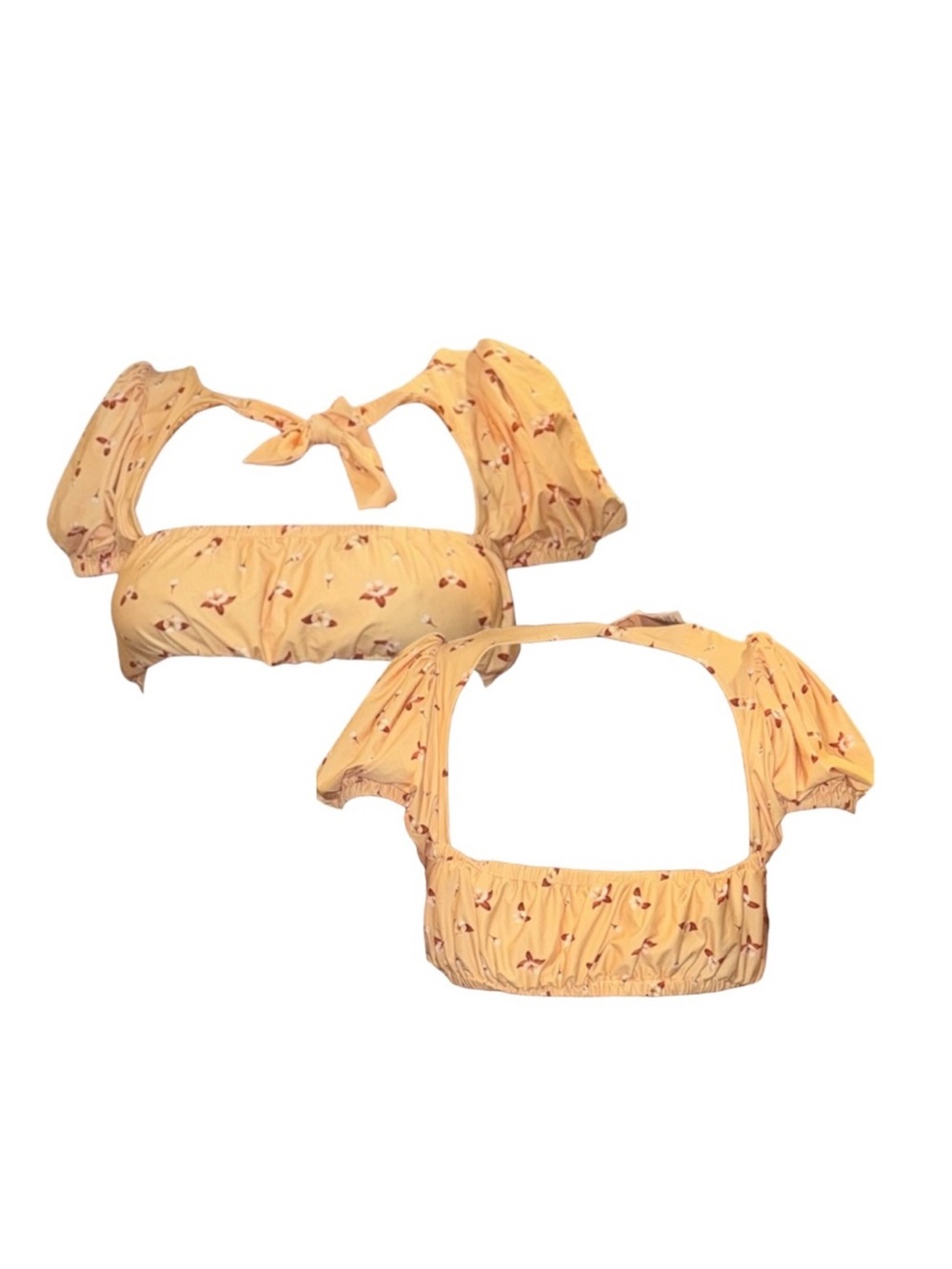 Yellow Floral Cutout Puff Sleeve Bikini Top